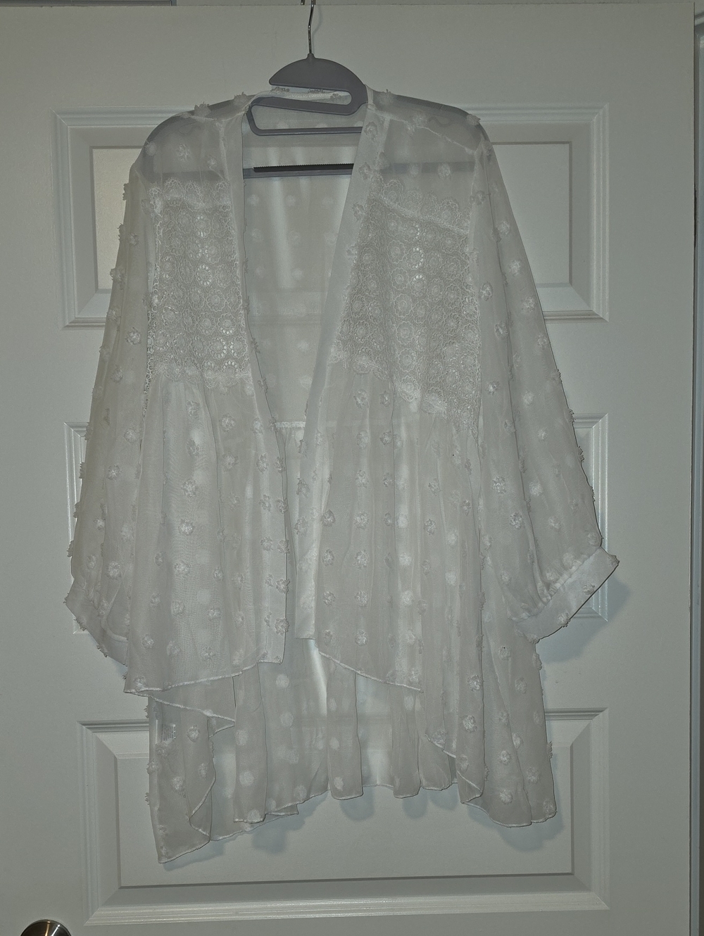 White Swiss Dot / Sheer Embroidered Lace Open-Front Women's Kimono Jacket